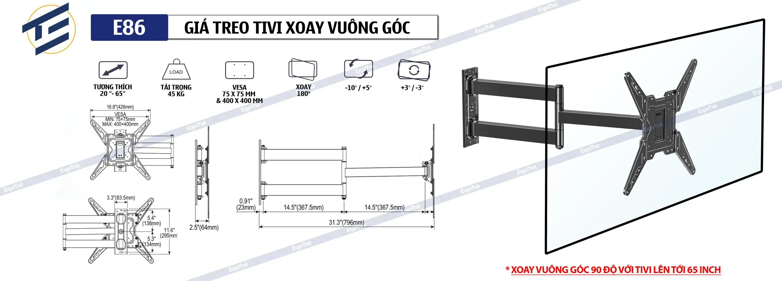 Giá Treo Tivi Xoay Vuông Góc Ergotek E86 (20-65 inch) - ảnh 6